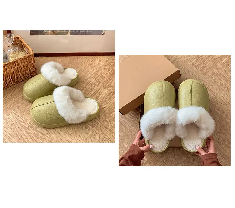 Women's Green Cotton Slippers with Faux Fur Trim — feature 7