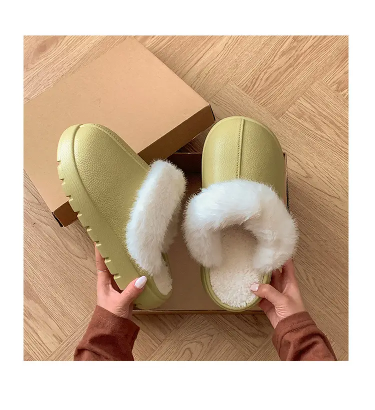 Women's Green Cotton Slippers with Faux Fur Trim — feature 8
