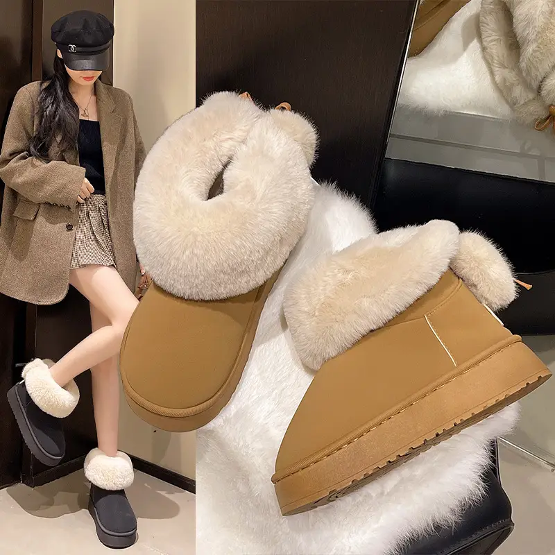 Qidan Shoe Factory Winter Snow Boots for Women, Fleece-Lined, Thickeneded, Warm, Fashionable, Thick-Soled, Non-Slip, Outer Wear, Furry Cotton Shoes for Women