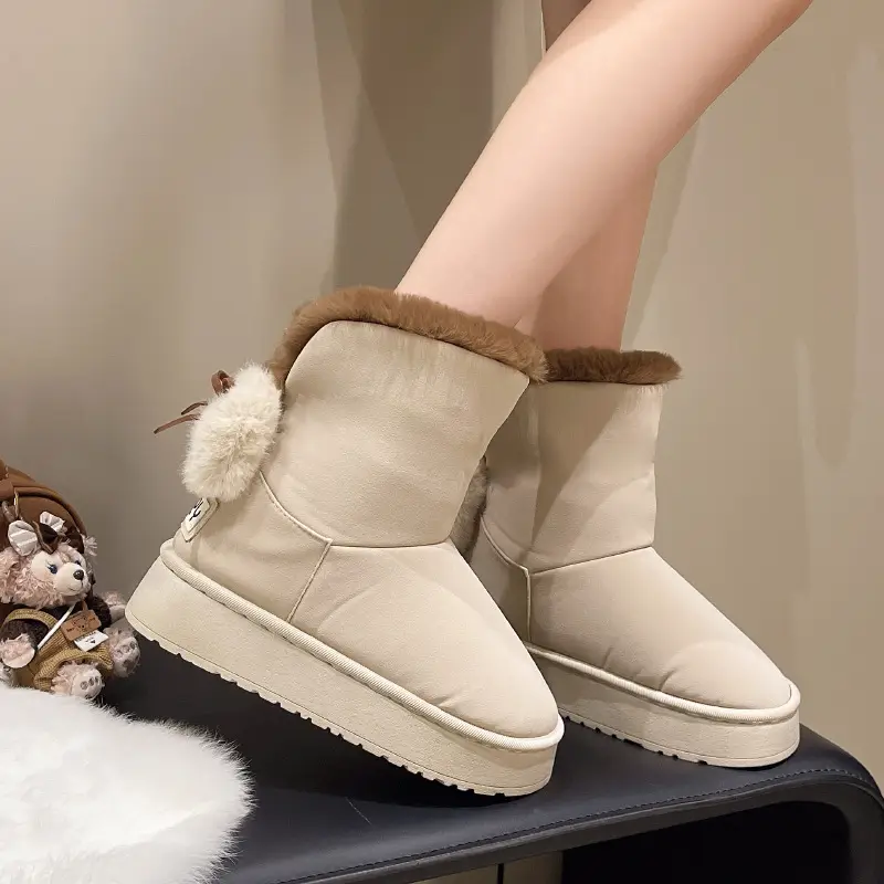 Qidan Shoe Factory Winter Snow Boots for Women, Fleece-Lined, Thickeneded, Warm, Fashionable, Thick-Soled, Non-Slip, Outer Wear, Furry Cotton Shoes for Women