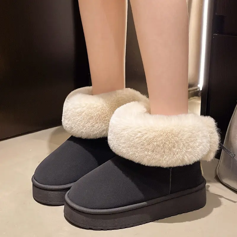 Qidan Shoe Factory Winter Snow Boots for Women, Fleece-Lined, Thickeneded, Warm, Fashionable, Thick-Soled, Non-Slip, Outer Wear, Furry Cotton Shoes for Women