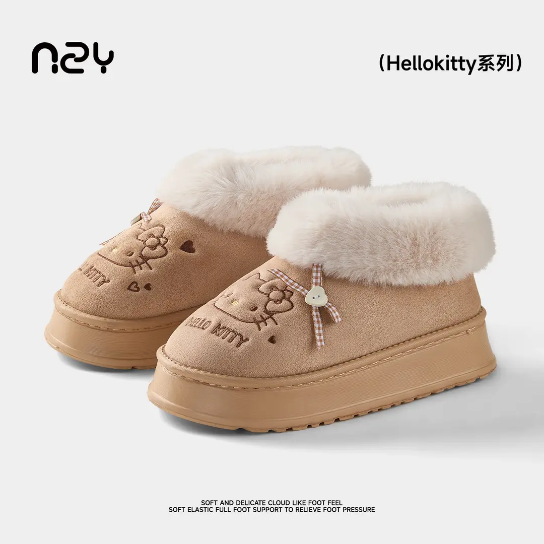 Qidan Shoe Factory Genuine Kt Cat Cotton Slippers for Women in Autumn and Winter Home Indoor Fleece-Lined Warm Anti-Slip Bag Heel Cotton Shoes for Women