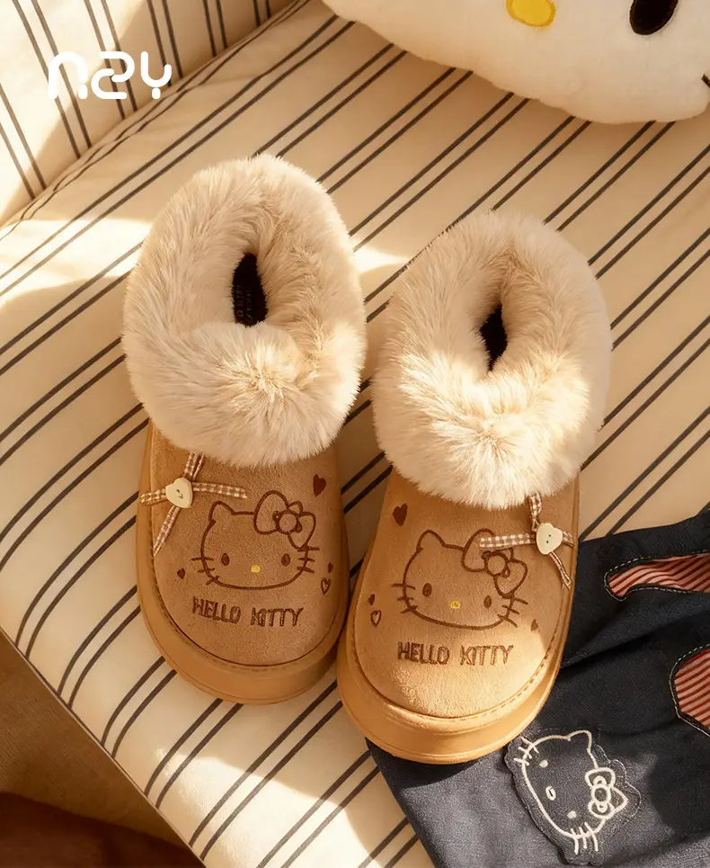 Qidan Shoe Factory Genuine Kt Cat Cotton Slippers for Women in Autumn and Winter Home Indoor Fleece-Lined Warm Anti-Slip Bag Heel Cotton Shoes for Women — feature 1