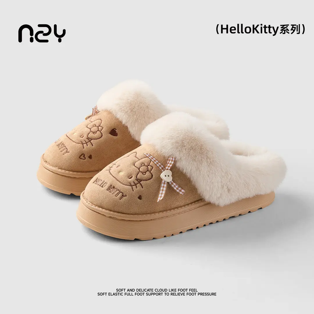 Qidan Shoe Factory Genuine Kt Cat Cotton Slippers for Women in Autumn and Winter Home Indoor Fleece-Lined Warm Anti-Slip Bag Heel Cotton Shoes for Women