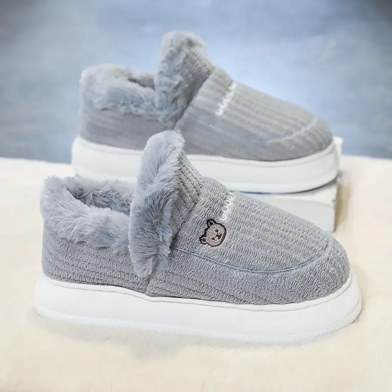 Winter Grey Cotton Slippers with Thick Soles - Image 2