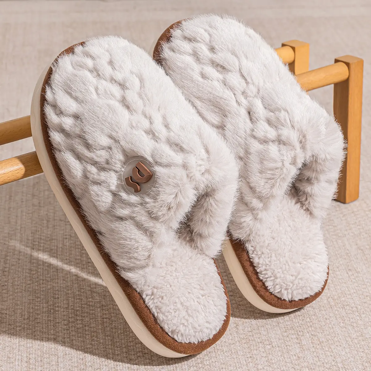 Women Winter Plush Cotton Slippers Grey - Image 3