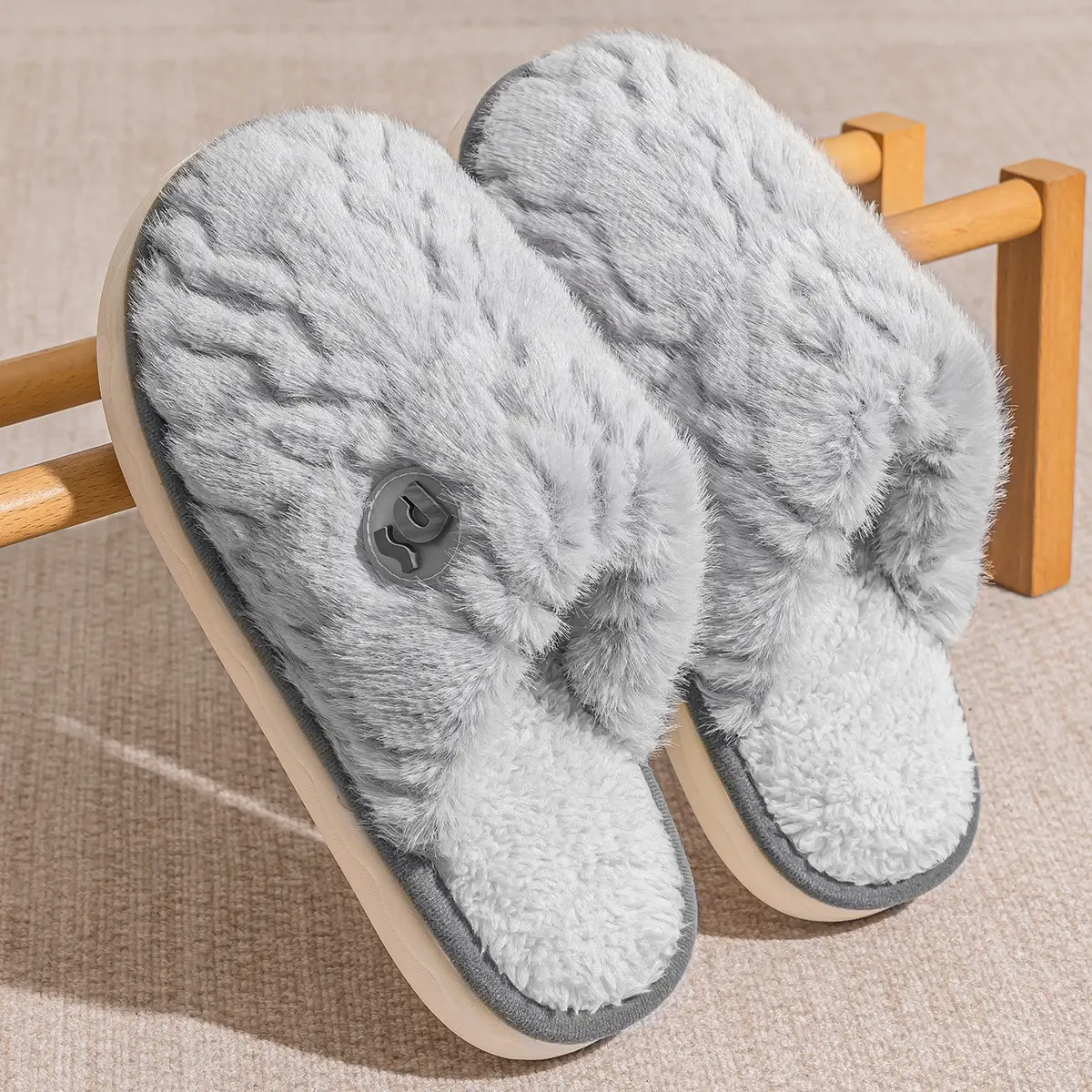 Women Winter Plush Cotton Slippers Grey - Image 5