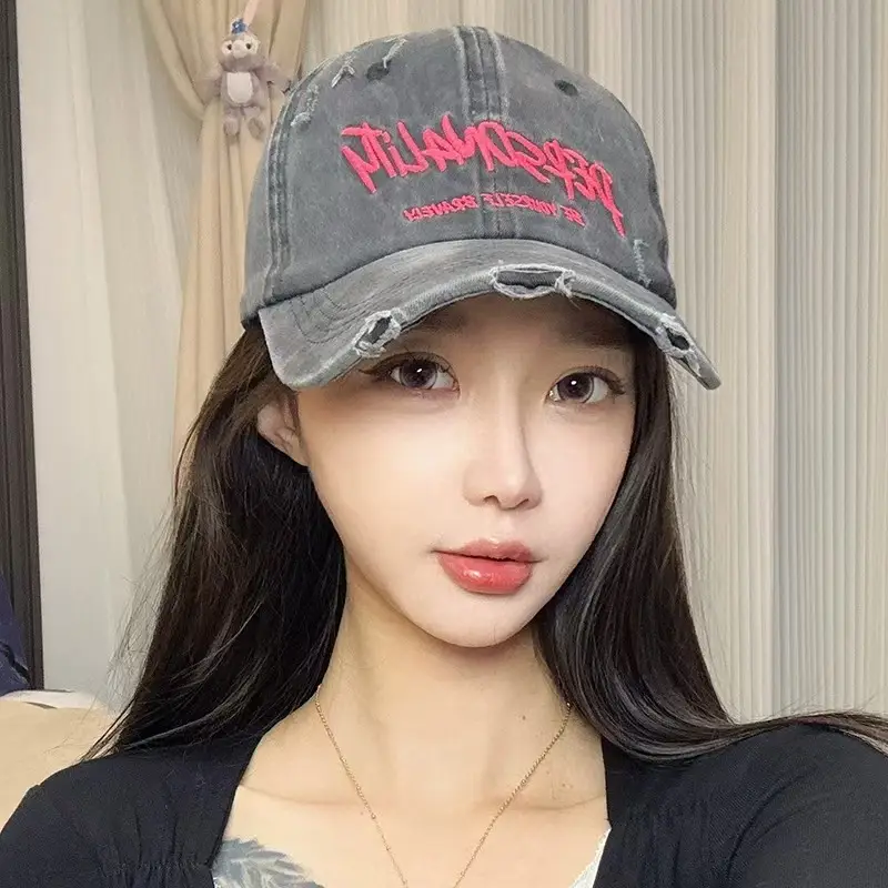 Women Washed Baseball Cap Deep Blue Small Hole - Image 23