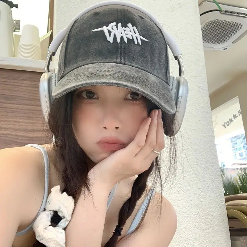 Women Washed Baseball Cap Deep Blue Small Hole - Image 24