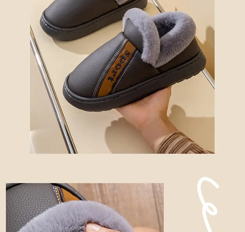 Plus Size Bag Heel Cotton Slippers for Men 25 New Pu Waterproof Thick Sole Anti-Slip Autumn and Winter Home Use Can Be Worn Outside Cotton Shoes for Men — feature 15