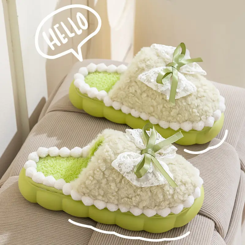 Women Bow Cotton Slipper Winter Warm Anti-Slip Green