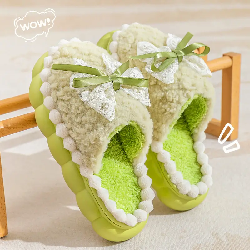 Women Bow Cotton Slipper Winter Warm Anti-Slip Green