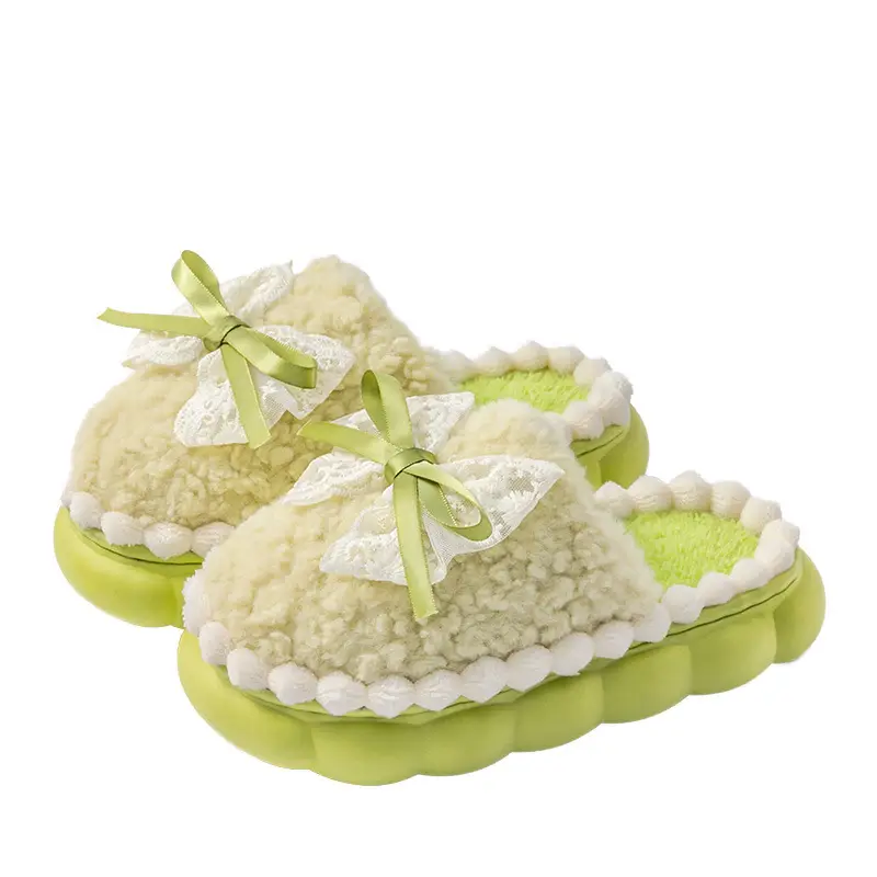 Women Bow Cotton Slipper Winter Warm Anti-Slip Green