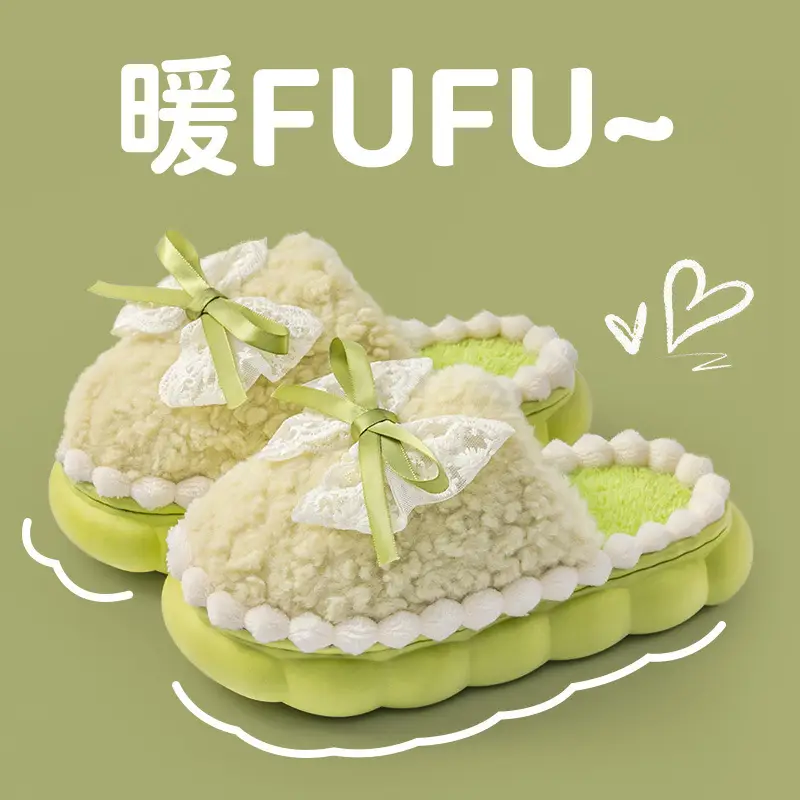 Women Bow Cotton Slipper Winter Warm Anti-Slip Green