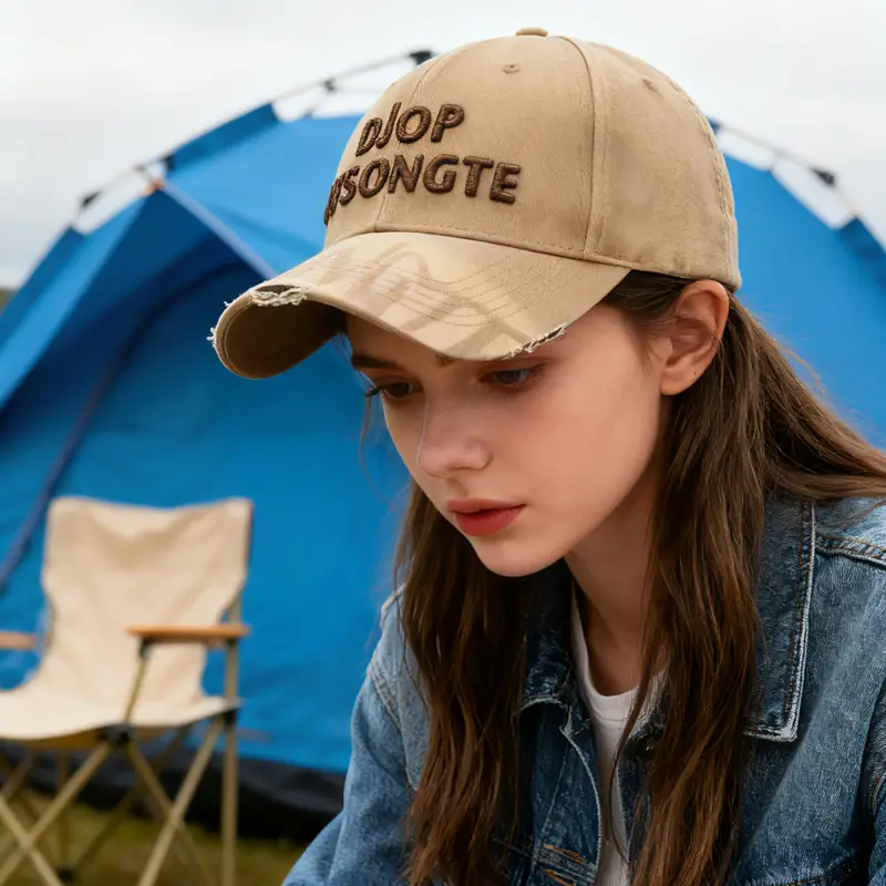 Distressed Embroidered Baseball Cap Tan Outdoor Sun Hat - Image 11