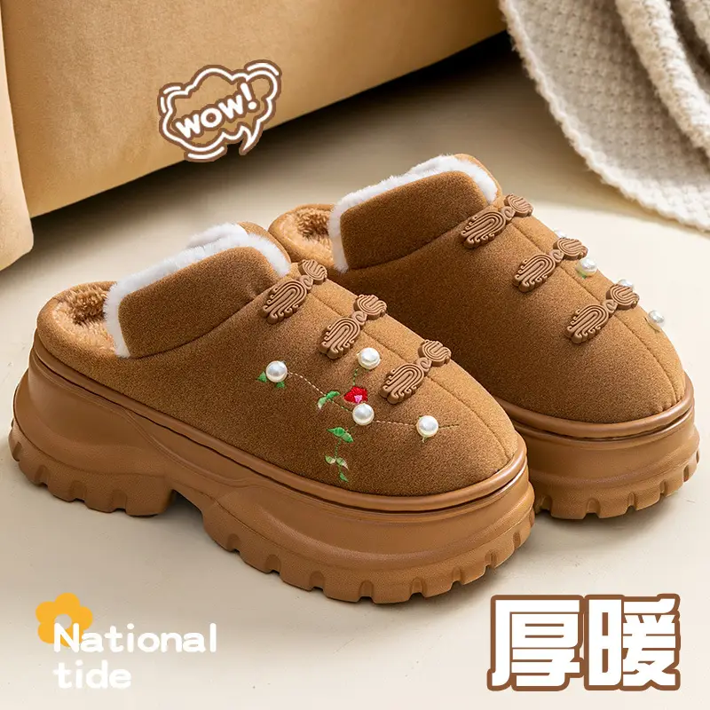 Women Black Embroidered Cotton Slippers Winter Warm - Image 6
