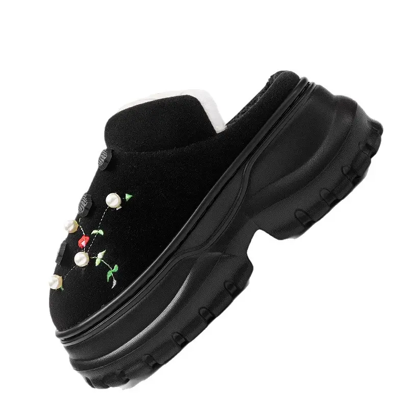 Women Black Embroidered Cotton Slippers Winter Warm - Image 8