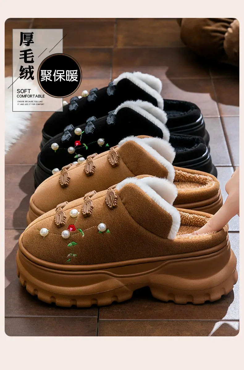 Women Black Embroidered Cotton Slippers Winter Warm — feature 14
