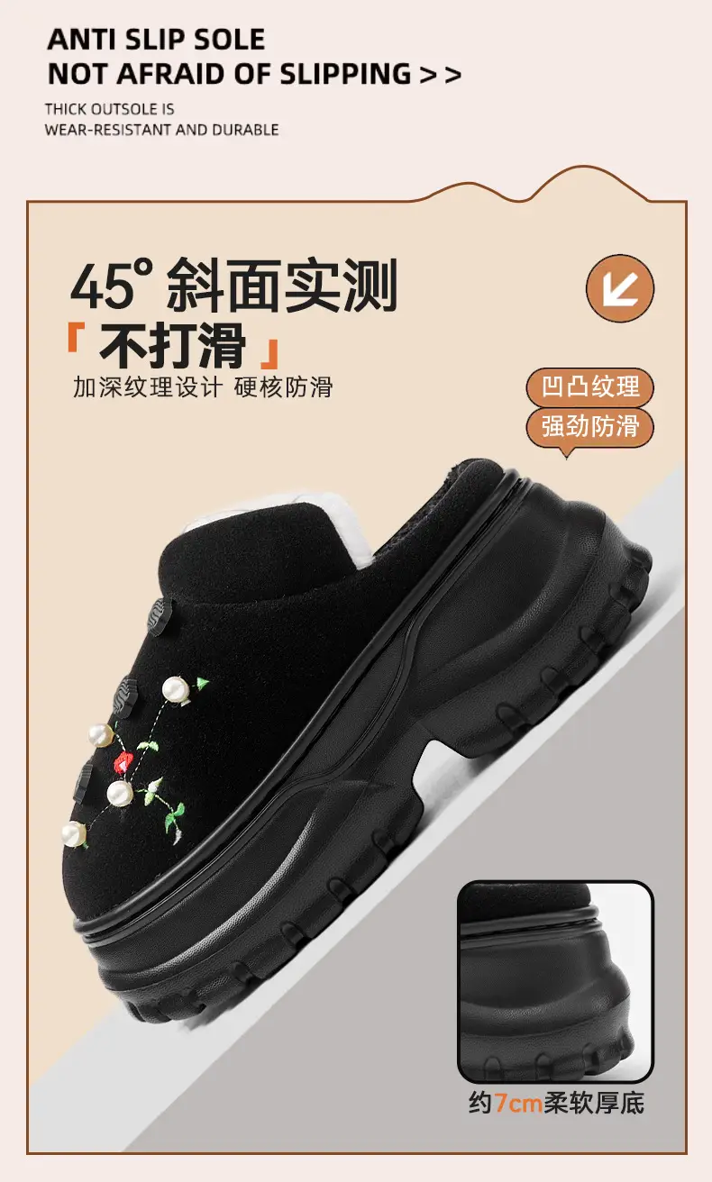 Women Black Embroidered Cotton Slippers Winter Warm — feature 9