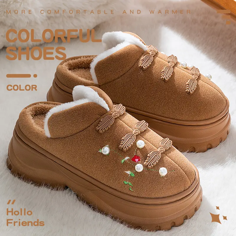 Women Black Embroidered Cotton Slippers Winter Warm - Image 2