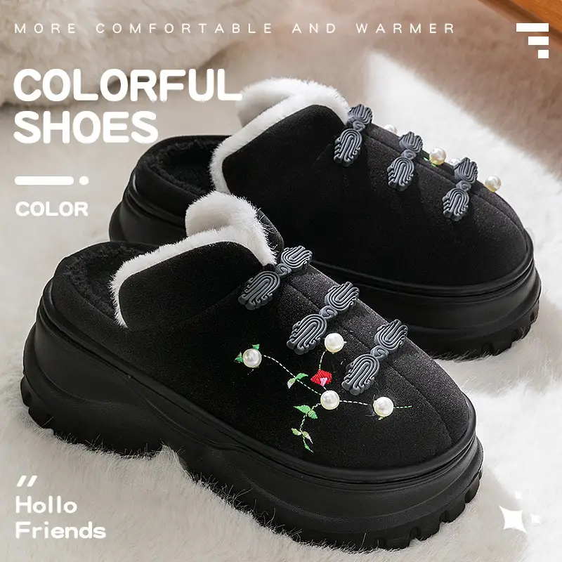 Women Black Embroidered Cotton Slippers Winter Warm - Image 3