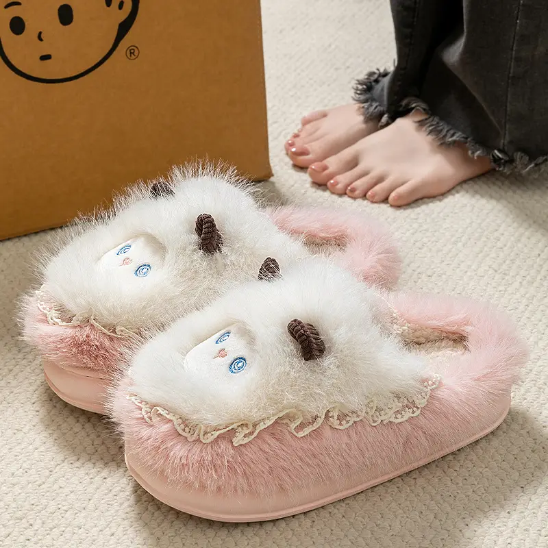 Cute Little Sheep Cotton Slippers for Women Autumn and Winter 2025 New Indoor Home Warm Thickeneded Plus Plush Cotton Slippers - Image 7