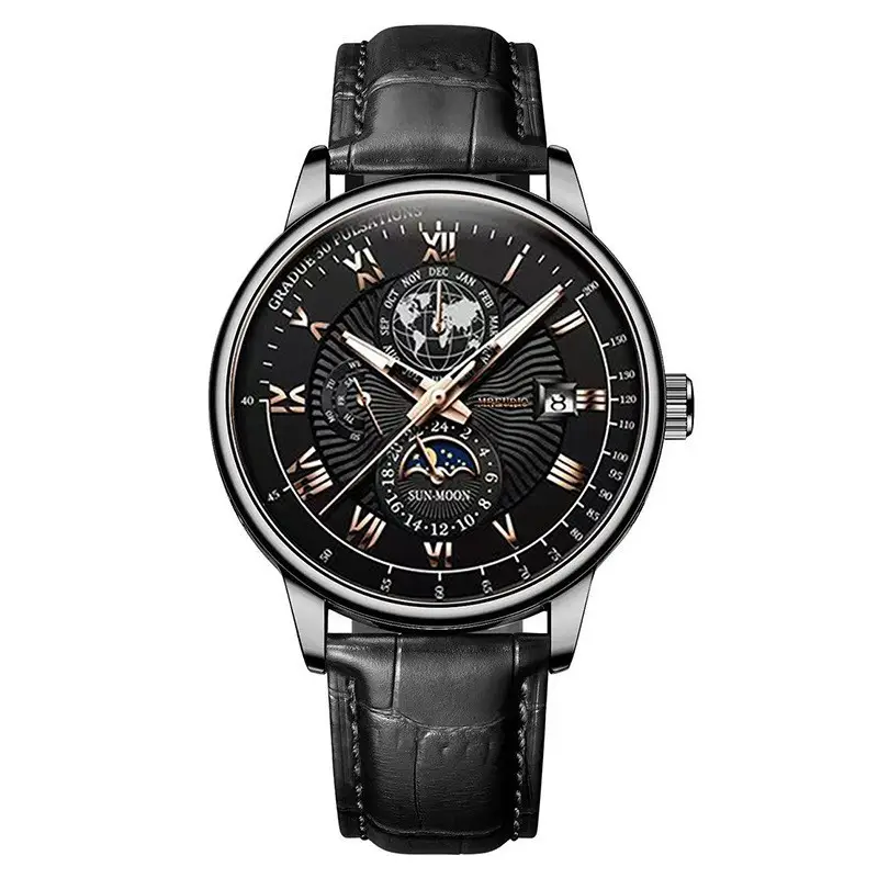Foreign Trade New Products, Fashionable Hot-Selling Models, Calendar Three-Eye Starry Sky Moon Fashion Men's Watches, Men's Watch Belts Wholesale