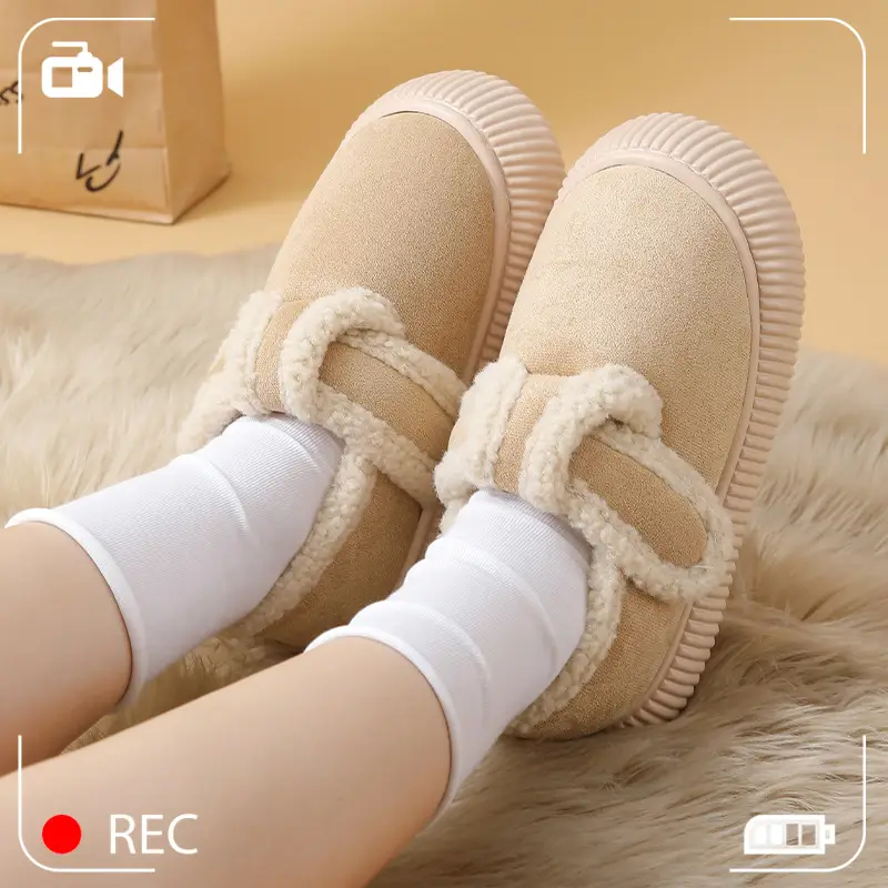 Women Fleece Slip-On Slippers Winter Warm Beige - Image 5