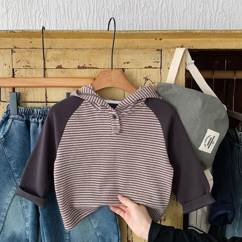 Japanese Style Boys Striped Hooded T-Shirt Autumn Winter 2025 - Image 2