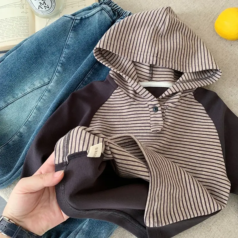 Japanese Style Boys Striped Hooded T-Shirt Autumn Winter 2025 - Image 4