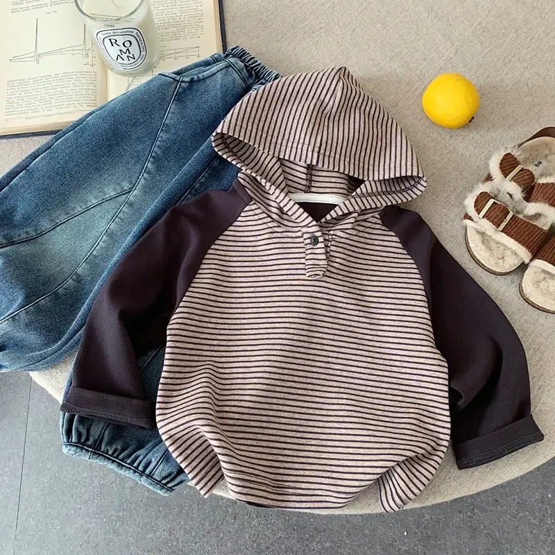 Japanese Style Boys Striped Hooded T-Shirt Autumn Winter 2025 — feature 3