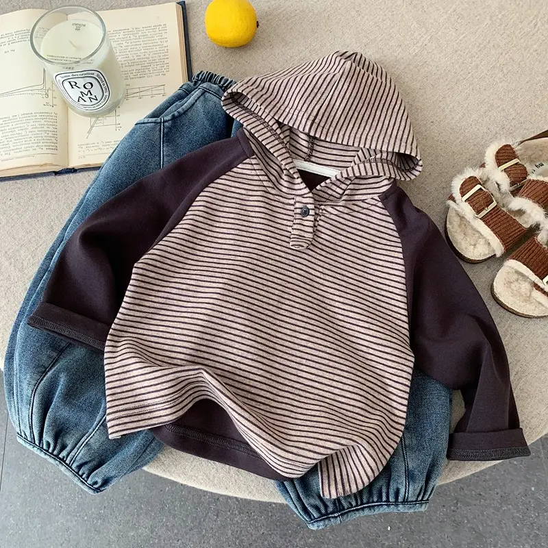 Japanese Style Boys Striped Hooded T-Shirt Autumn Winter 2025 — feature 5