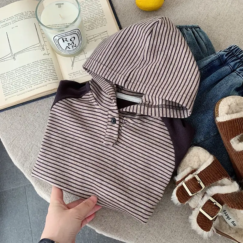 Japanese Style Boys Striped Hooded T-Shirt Autumn Winter 2025 — feature 7