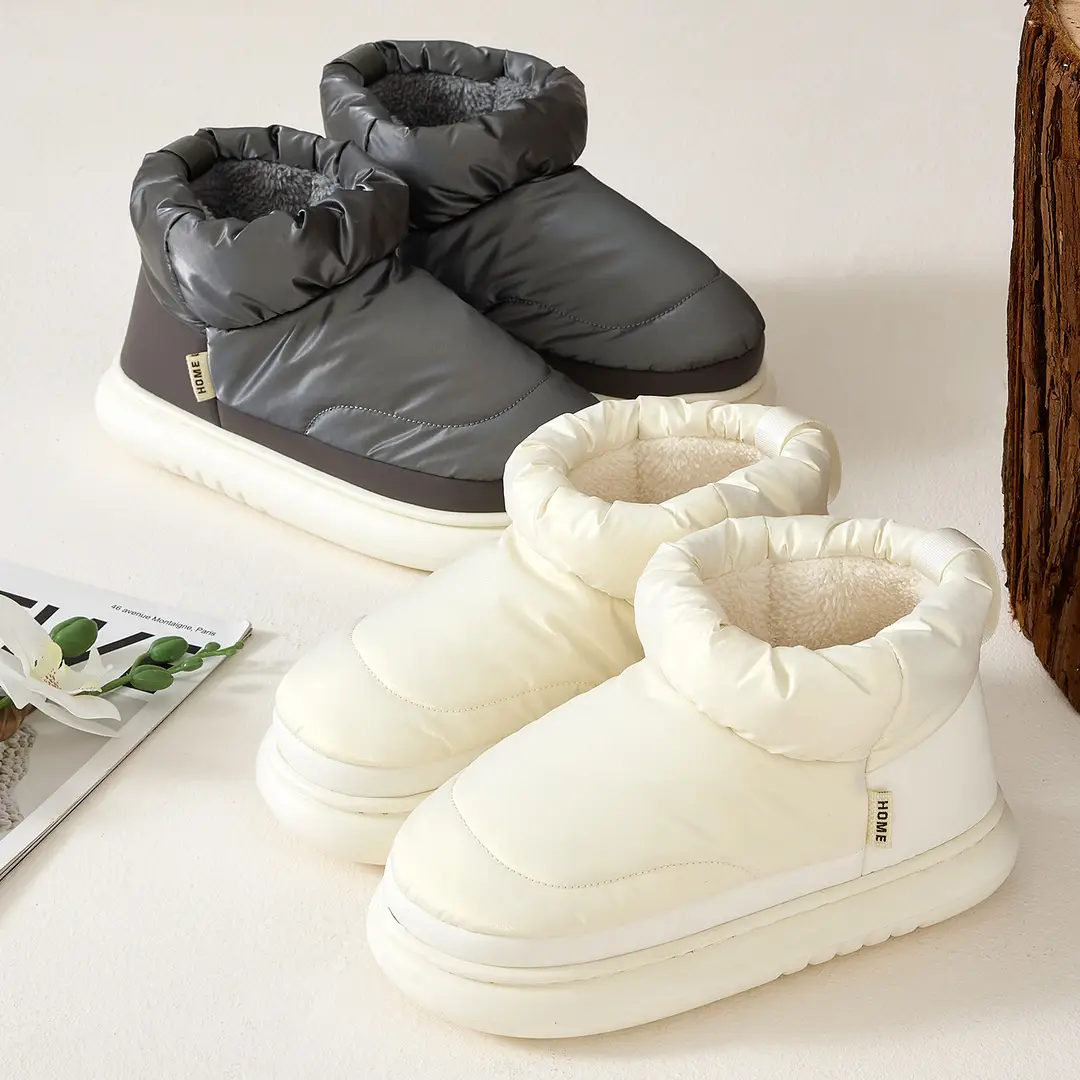 Down Fabric-Covered Cotton Shoes for Women, Waterproof and Windproof for Outdoor Wear, Thick-Soled for Autumn and Winter, Fleece-Lined for Home Use, Men's Warm Cotton Slippers for Winter