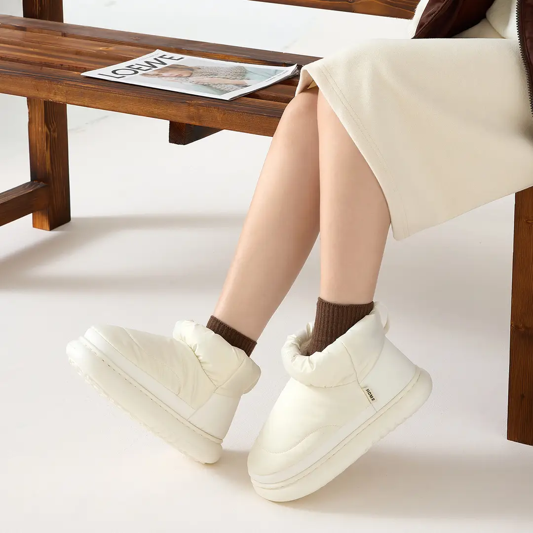 Down Fabric-Covered Cotton Shoes for Women, Waterproof and Windproof for Outdoor Wear, Thick-Soled for Autumn and Winter, Fleece-Lined for Home Use, Men's Warm Cotton Slippers for Winter