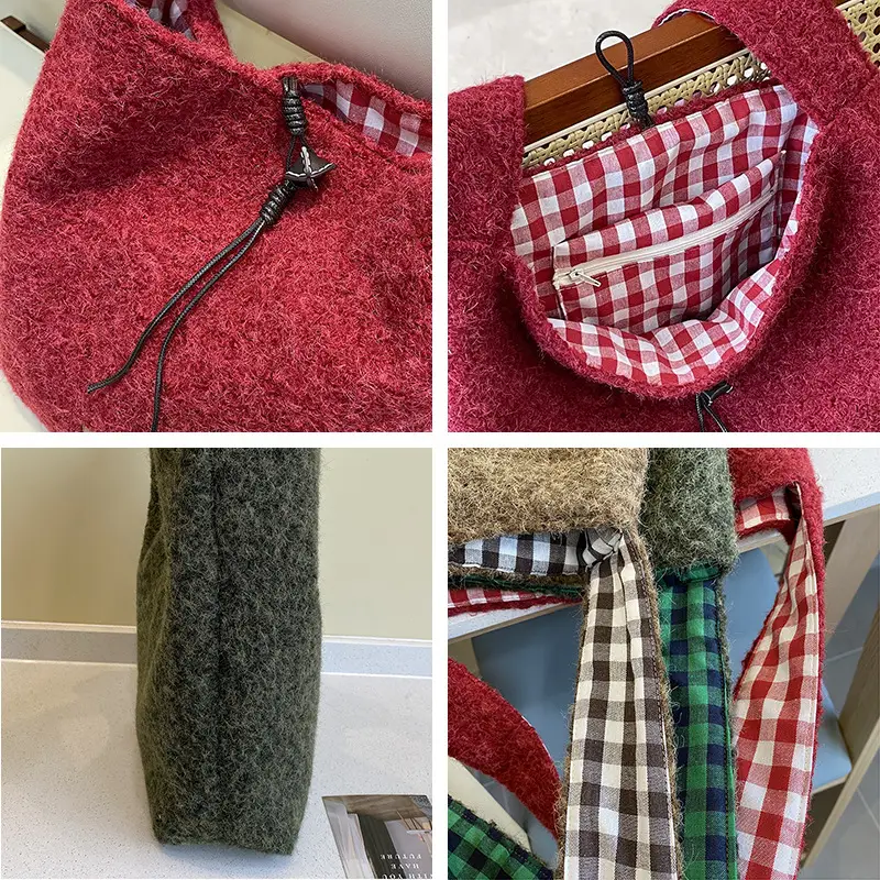 Korean Style Lazy Tote Bag for Women 2024 New Winter Large Capacity Plush One-Shoulder Cross-Body Plaid Versatile Cloth Bag