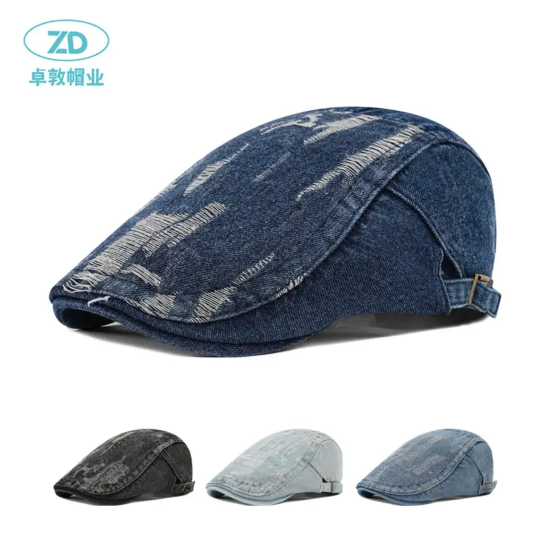 Washed Jacquard Denim Forward Cap Retro Distressed British Beret Women's Versatile Duckbill Cap Backwards Worn Baseball Cap - Image 5