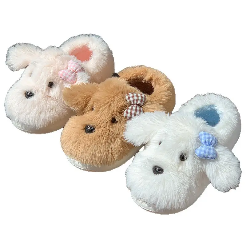 Cute Puppy Plush Cotton Slippers with Bow for Women