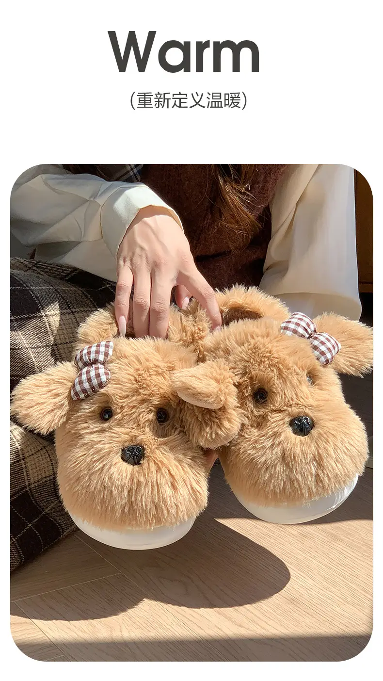 Cute Puppy Plush Cotton Slippers with Bow for Women — feature 3