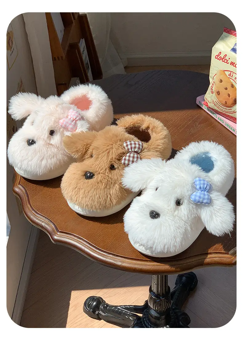 Cute Puppy Plush Cotton Slippers with Bow for Women — feature 4