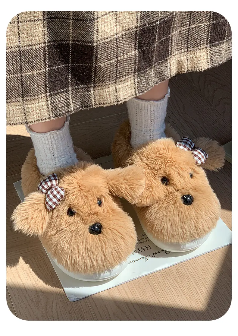 Cute Puppy Plush Cotton Slippers with Bow for Women — feature 5
