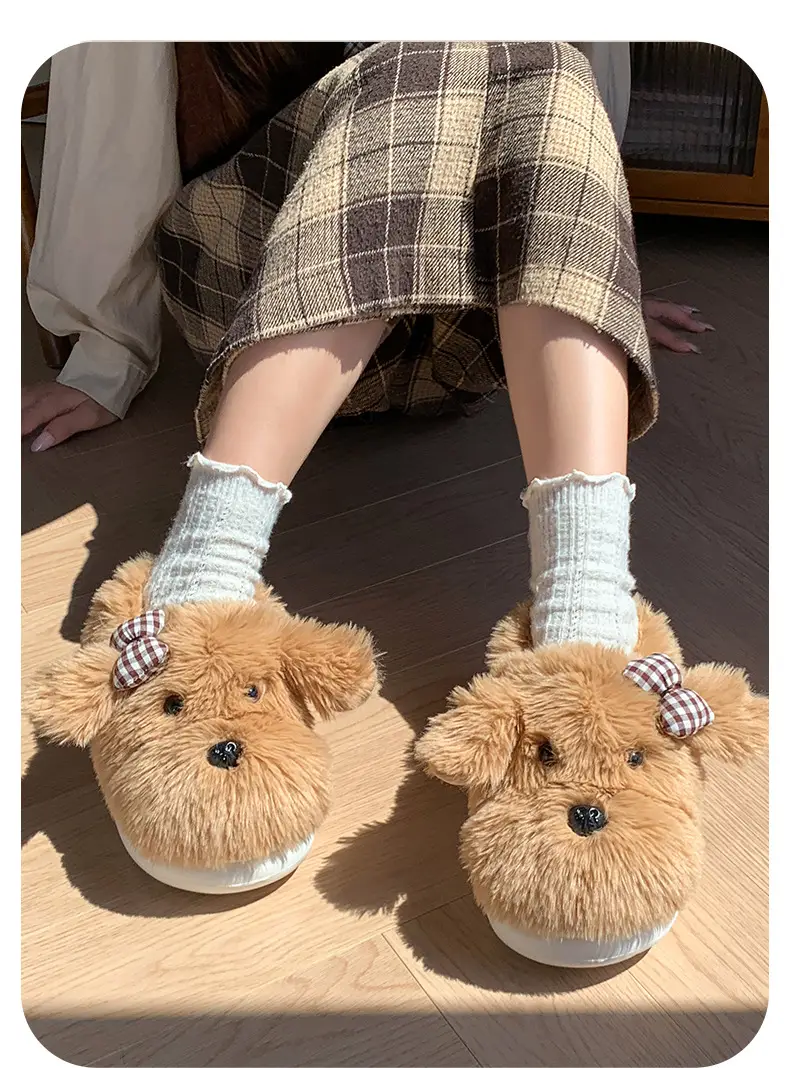 Cute Puppy Plush Cotton Slippers with Bow for Women — feature 6
