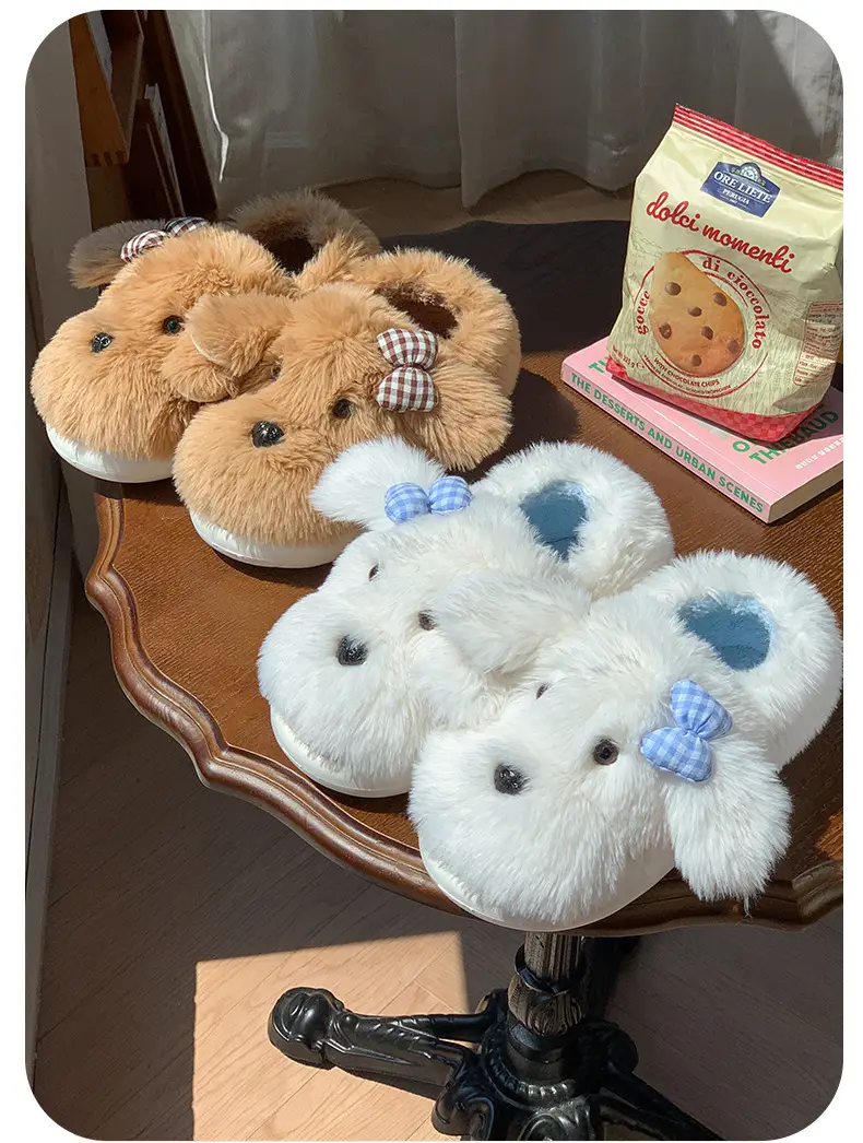 Cute Puppy Plush Cotton Slippers with Bow for Women — feature 8
