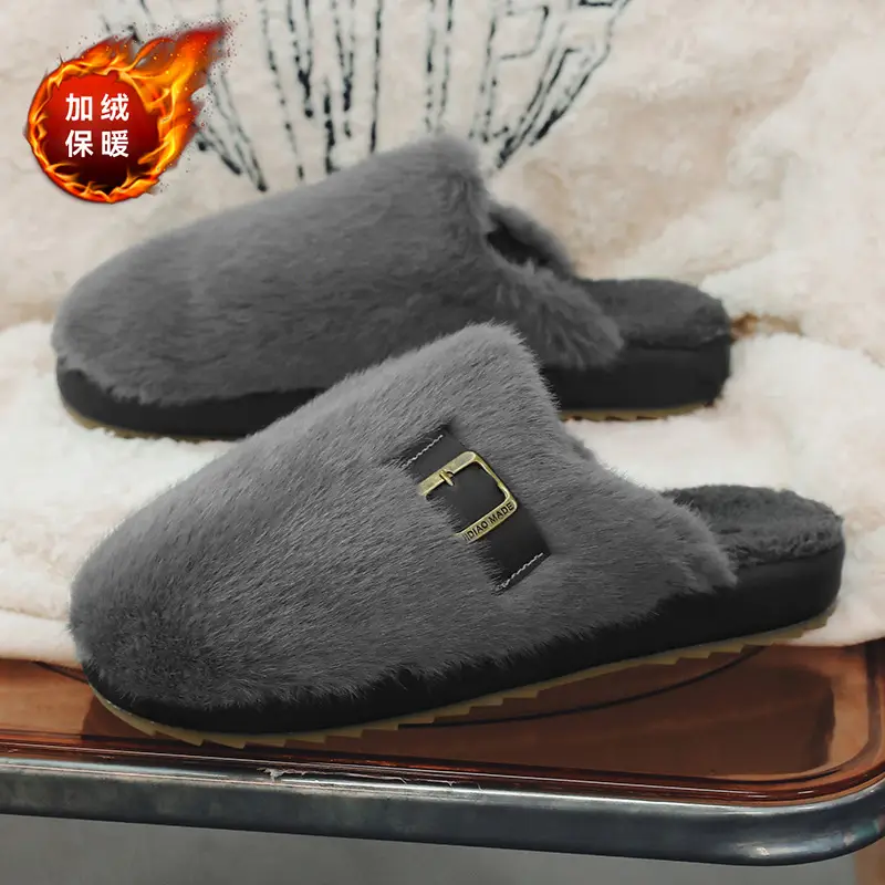 Men's Winter Non-Slip Indoor Home Warm Cotton Slippers with Plush Thickened Simple Half-Cover Fur Slippers - Image 4