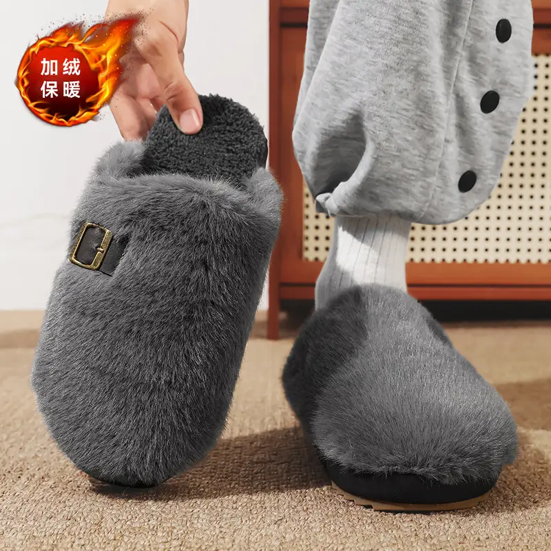 Men's Winter Non-Slip Indoor Home Warm Cotton Slippers with Plush Thickened Simple Half-Cover Fur Slippers - Image 5