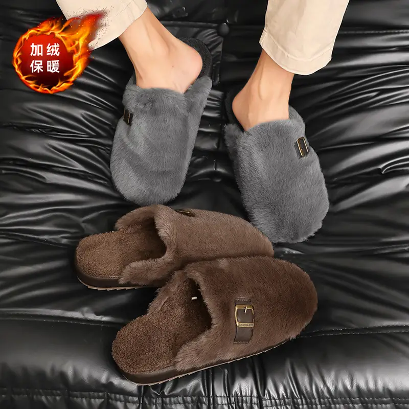 Men's Winter Non-Slip Indoor Home Warm Cotton Slippers with Plush Thickened Simple Half-Cover Fur Slippers - Image 6