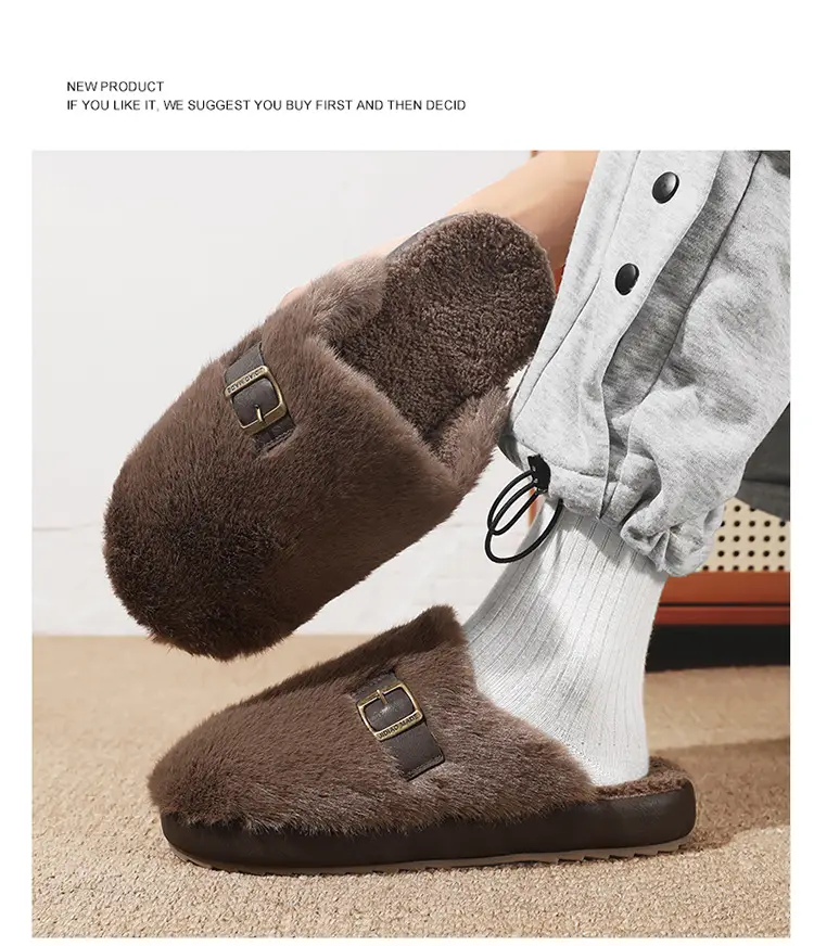 Men's Winter Non-Slip Indoor Home Warm Cotton Slippers with Plush Thickened Simple Half-Cover Fur Slippers — feature 11