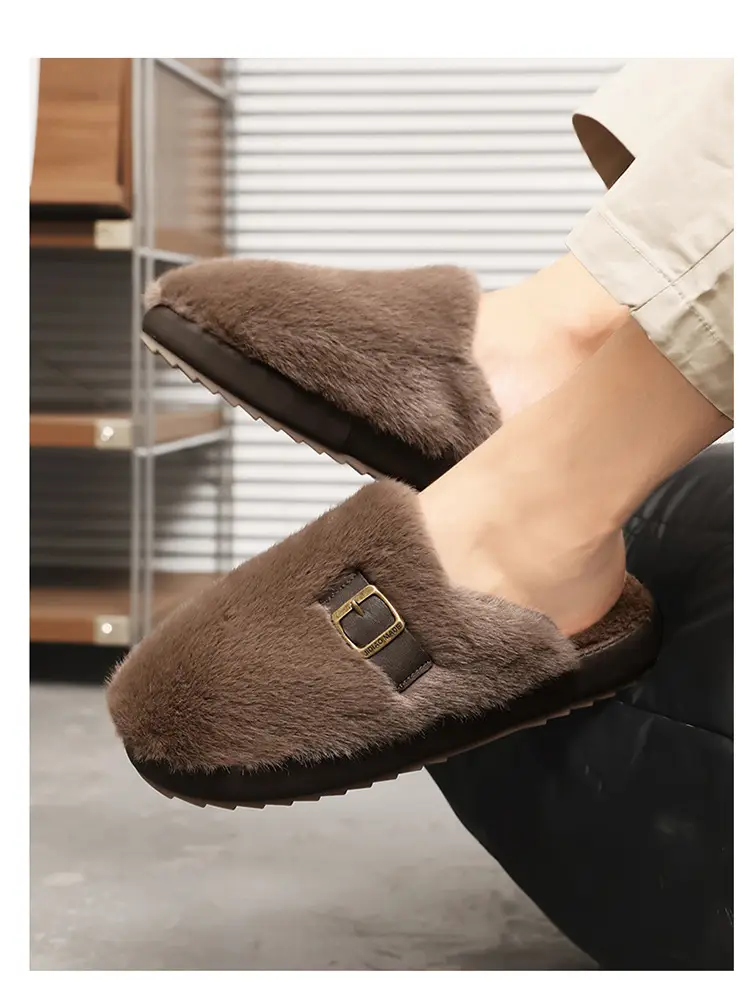 Men's Winter Non-Slip Indoor Home Warm Cotton Slippers with Plush Thickened Simple Half-Cover Fur Slippers — feature 13