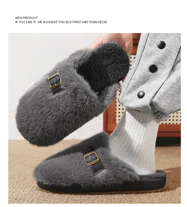 Men's Winter Non-Slip Indoor Home Warm Cotton Slippers with Plush Thickened Simple Half-Cover Fur Slippers — feature 15