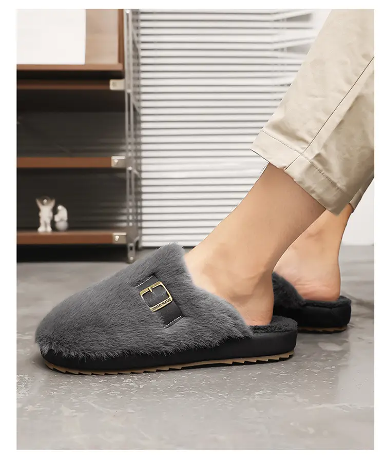 Men's Winter Non-Slip Indoor Home Warm Cotton Slippers with Plush Thickened Simple Half-Cover Fur Slippers — feature 19